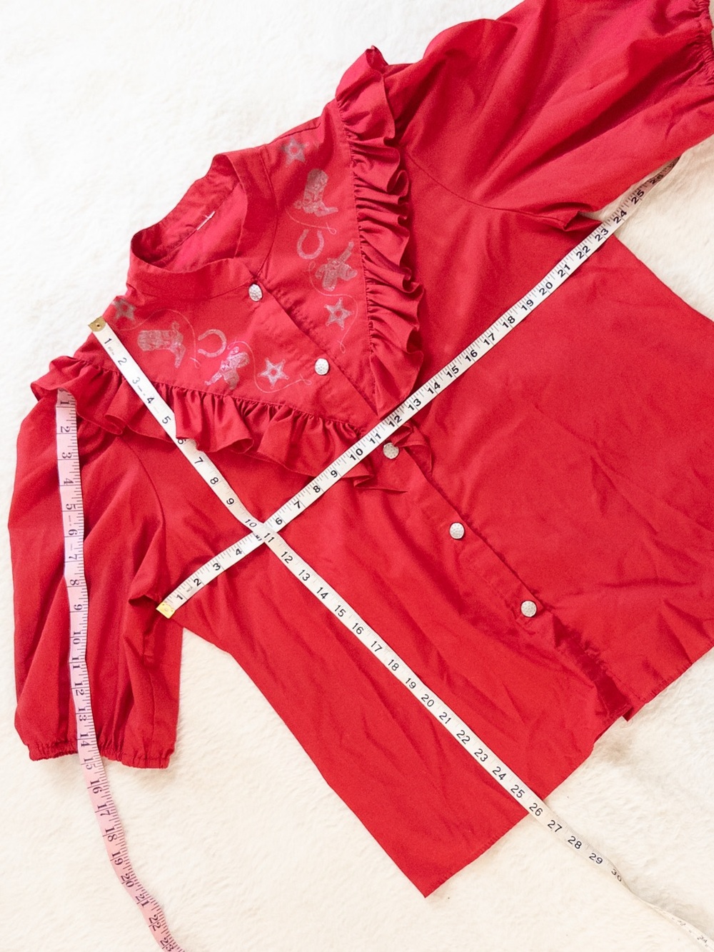 Red Ruffled V-Neck Button Front Women's Top - Picture 6 of 9